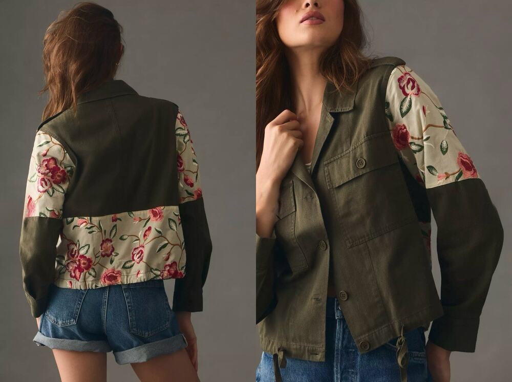 Anthropologie Tiny Leslie Utility Jacket — M Olive Embroidered Floral Chore Coat